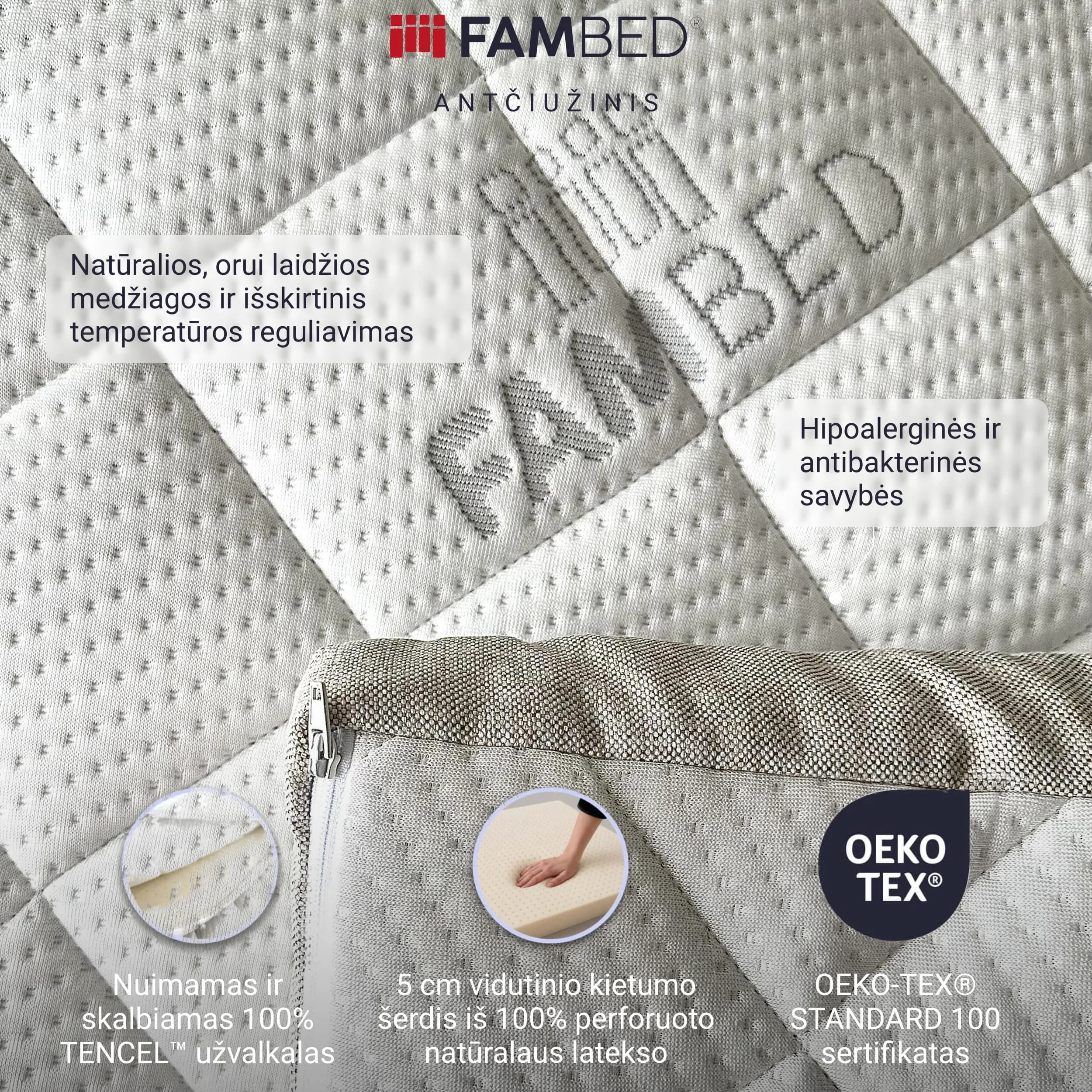 Infografika: dygsniuotas, nuimamas ir skalbiamas OEKO-TEX® sertifikuotas TENCEL™ užvalkalas