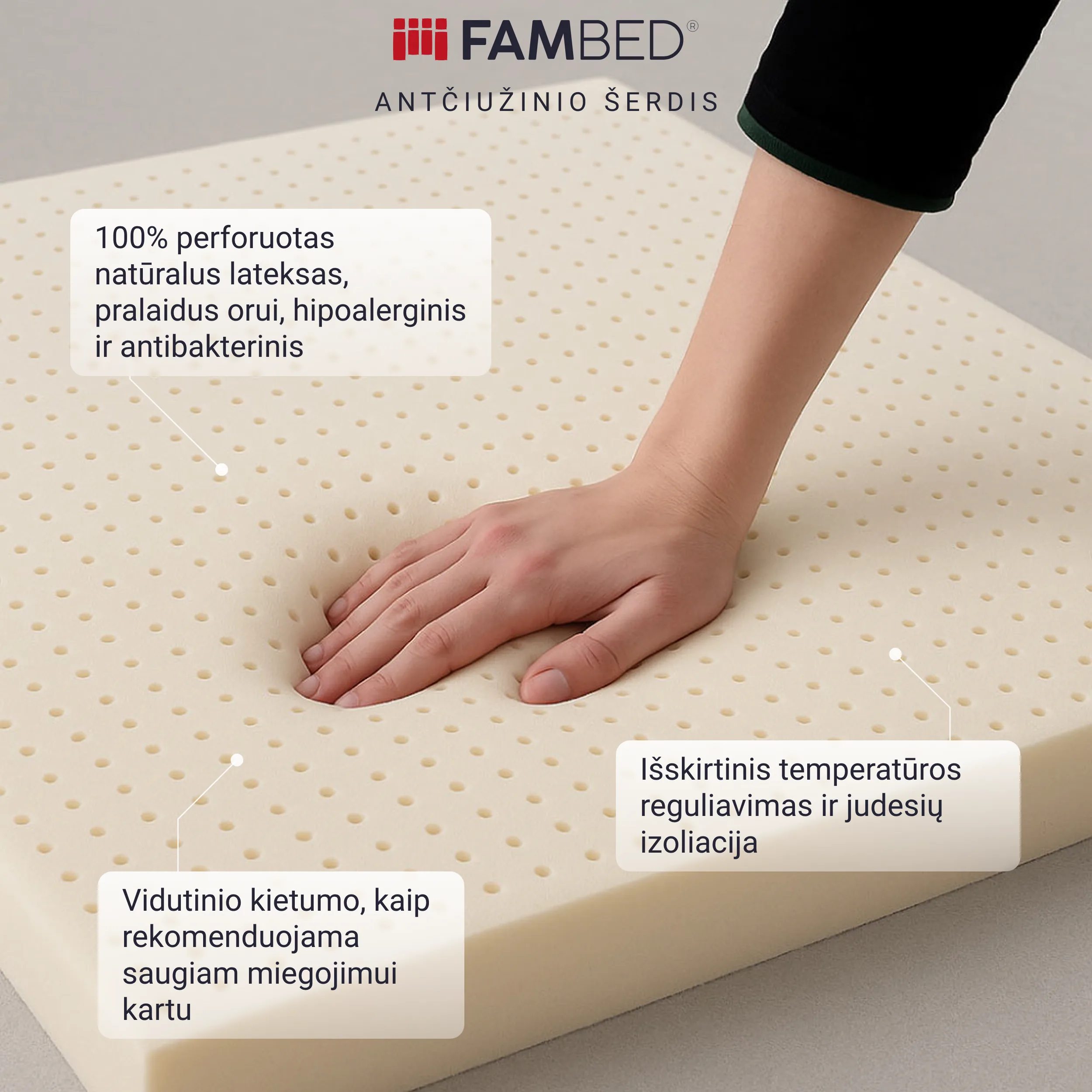 Infografika: ranka spaudžia 5 cm perforuotą natūralaus latekso branduolį, kuris yra laidus orui, hipoalerginis ir antibakterinis