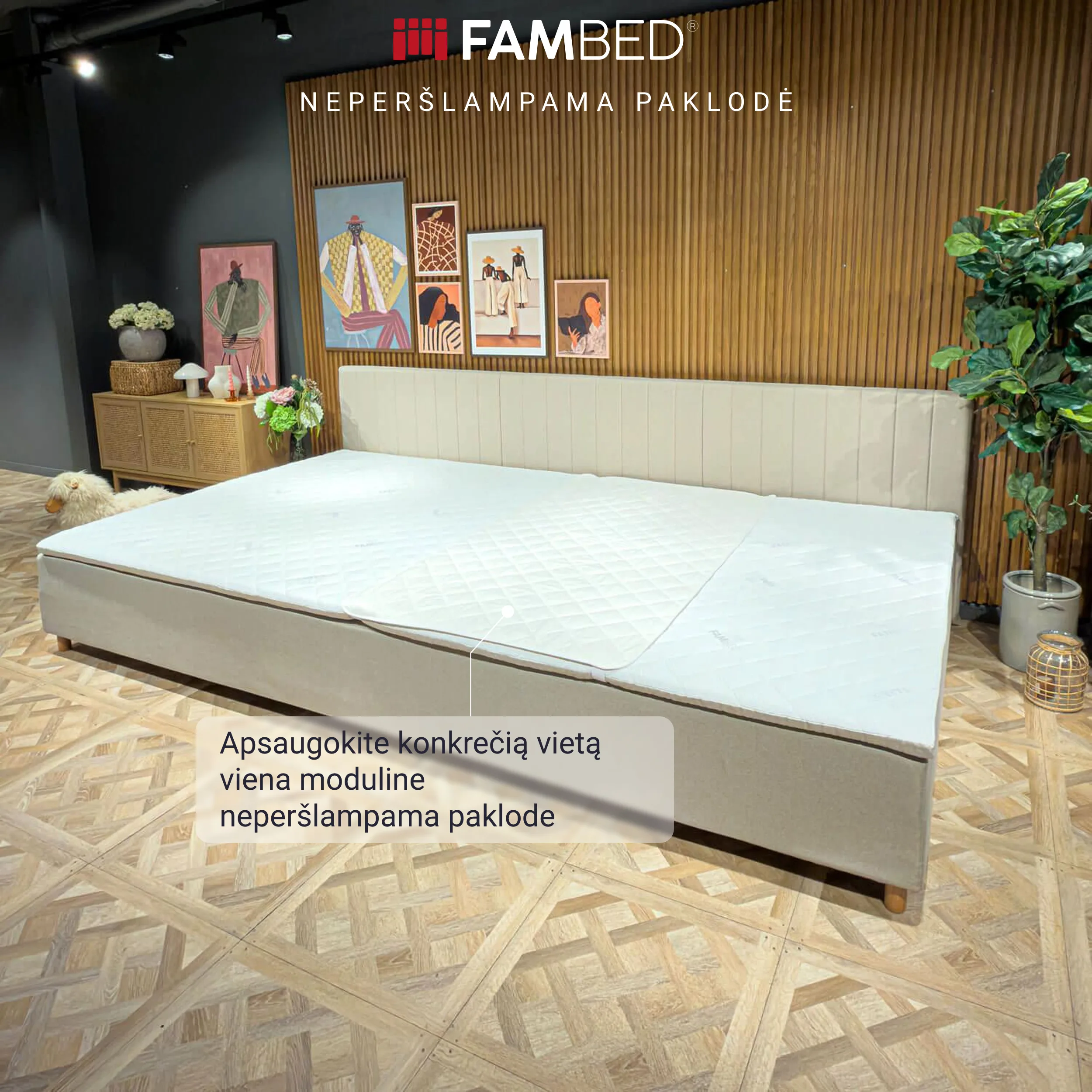 FamBed čiužinio apsauga, uždengta viena miegamoji vieta